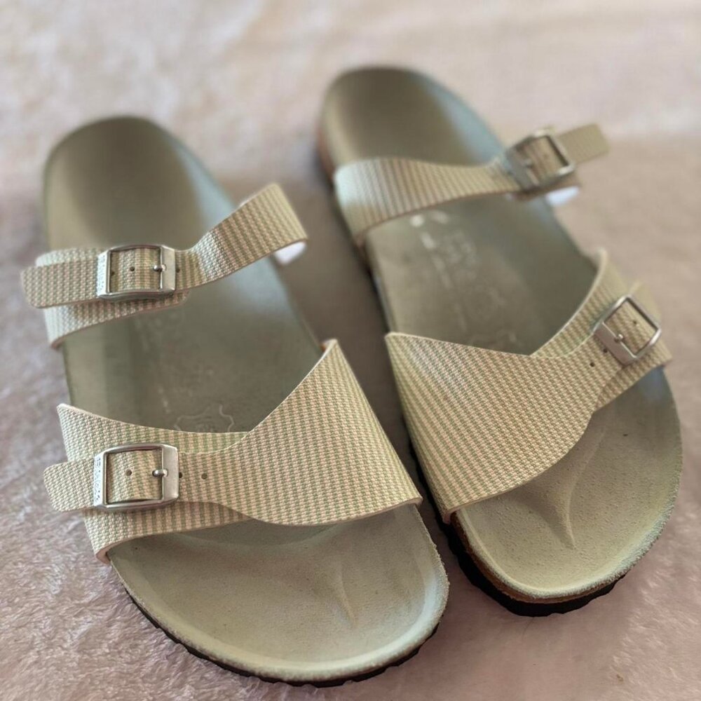 SIZE 9- Birkenstock Arizona Style Two-Strap Sandals - Beige, Green Stripe Womens